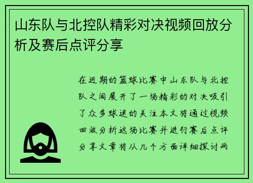 山东队与北控队精彩对决视频回放分析及赛后点评分享